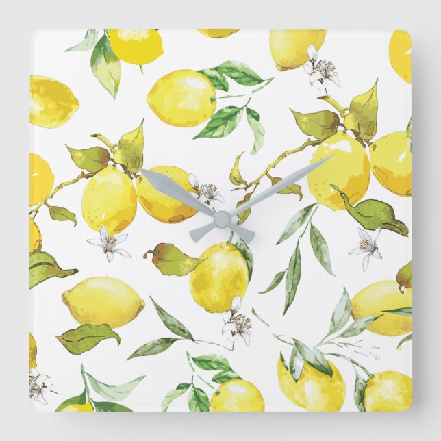 Watercolor Lemon Mönster Fyrkantig Klocka (Framsida)