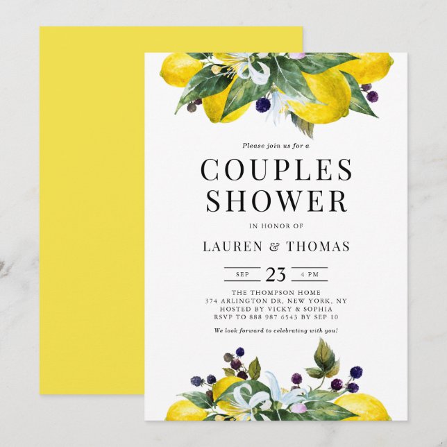 Watercolor Lemon och Blackberry Par Shower Inbjudningar (Fram/baksida)