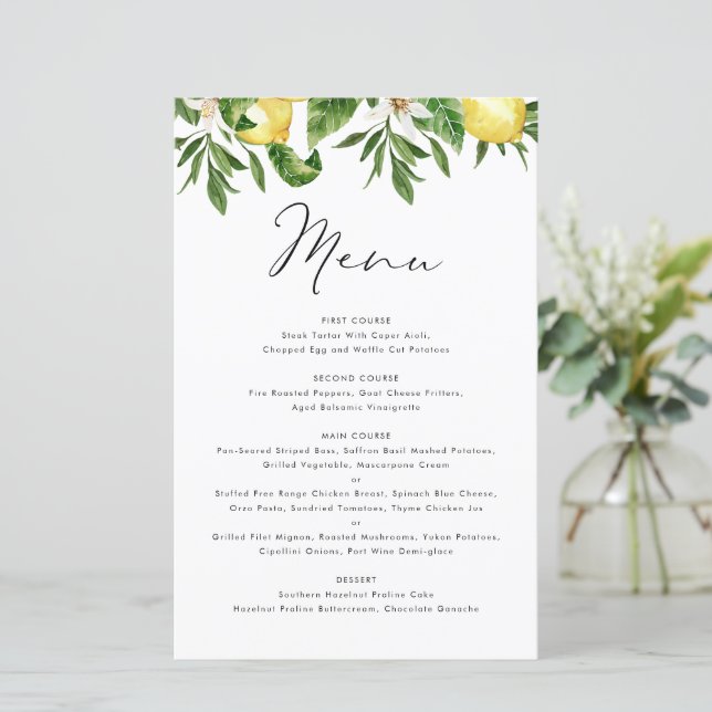 Watercolor Lemon och Greenery Summer Menu Card (Stående Fram)