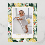Watercolor Lemon och Winter Greenery Photo<br><div class="desc">Sprid helgdag cheer med vårt anpassade fotofolie helgdag-vykort för guld, med en fin vattenfärg mönster av citroner, holly och vintergrön. Den här festliga designen ger dig en ny, levande nyans till dina semesterhälsningar och är perfekt för att skicka personlig till vänner och familj. Anpassa enkelt det här citronkortet med ditt...</div>