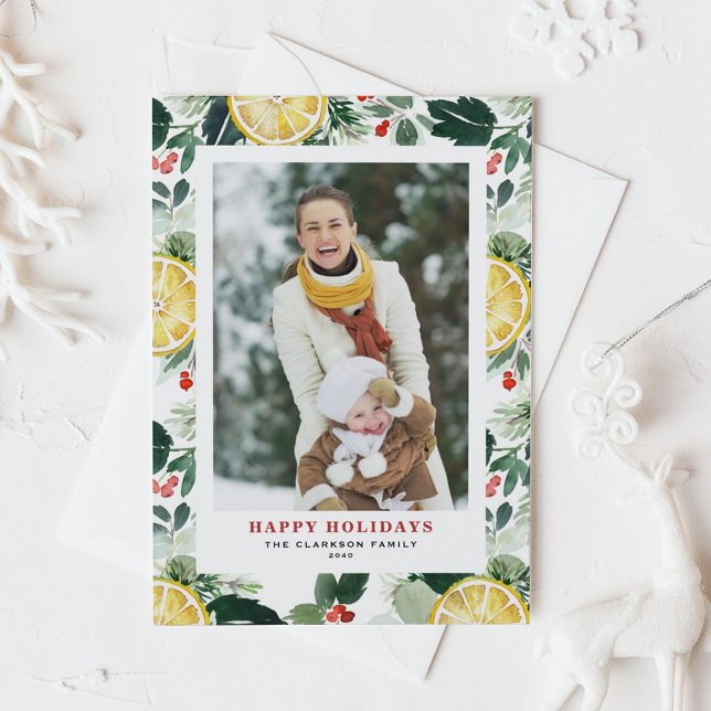 Watercolor Lemon och Winter Greenery Photo Helg Vykort (Customizable Photo Holiday Postcard with Watercolor Lemon, Holly, and Winter Greenery)