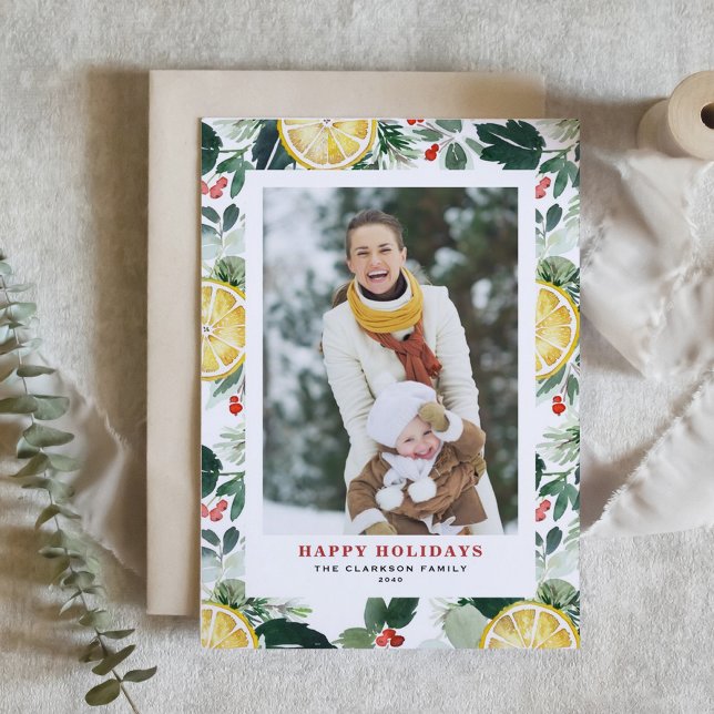 Watercolor Lemon och Winter Greenery Photo Helgkort (Customizable Photo Holiday Card with Watercolor Lemon, Holly, and Winter Greenery)