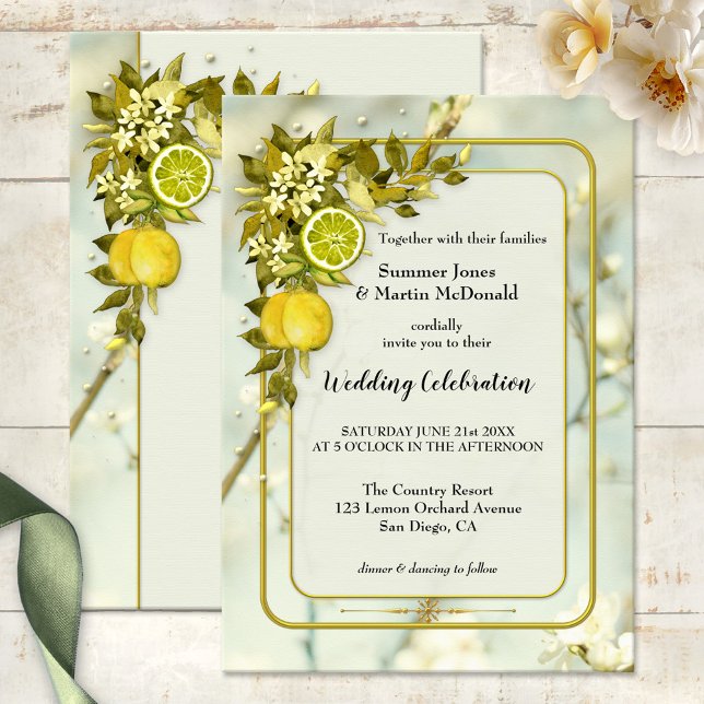 Watercolor Lemon Orchard Bröllop Inbjudningar (Watercolor wedding invitation featuring lemon and citrus fruits on green leaves with flowers)