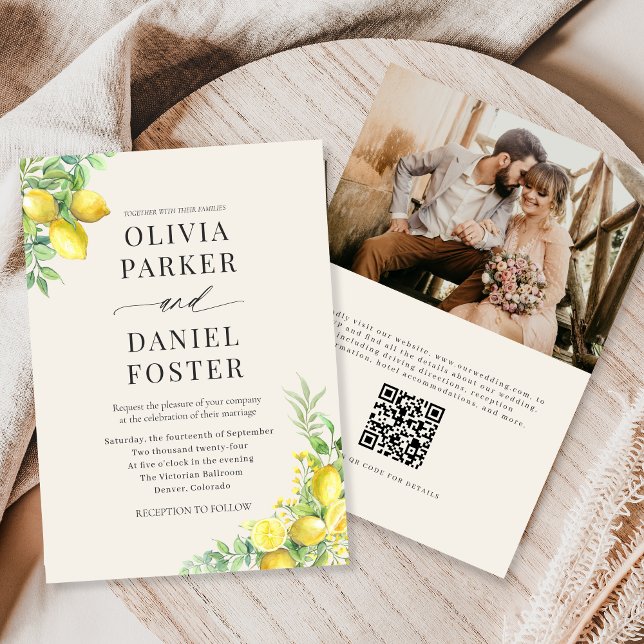 Watercolor Lemon QR Code Photo Wedding Inbjudningar (Skapare uppladdad)