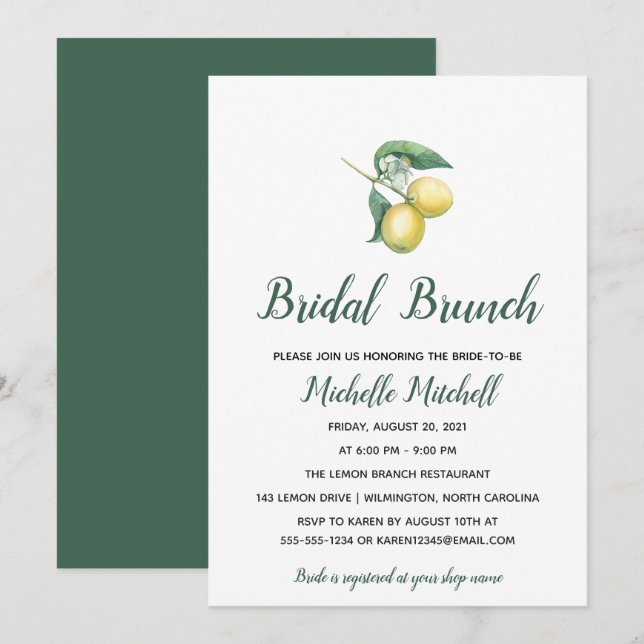Watercolor Lemon Träd Gren | Möhippa Brunch Inbjudningar (Fram/baksida)
