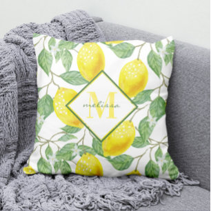 Watercolor Lemon Träd Mönster Namn och Monogram Kudde