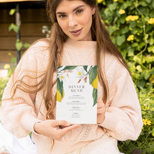 Watercolor Lemon, White Flower Bröllop Menu Inbjudningar (Skapare uppladdad)