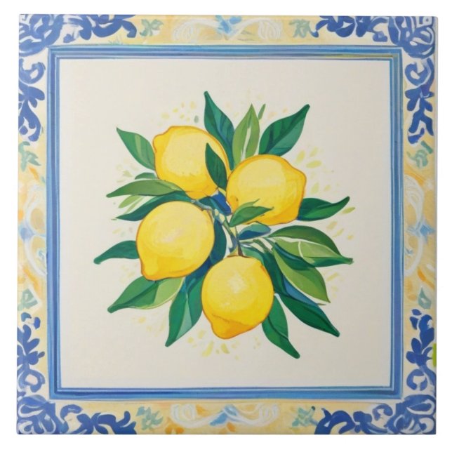 Watercolor Lemons Blue Green Yellow White Summery Kakelplatta (Framsidan)