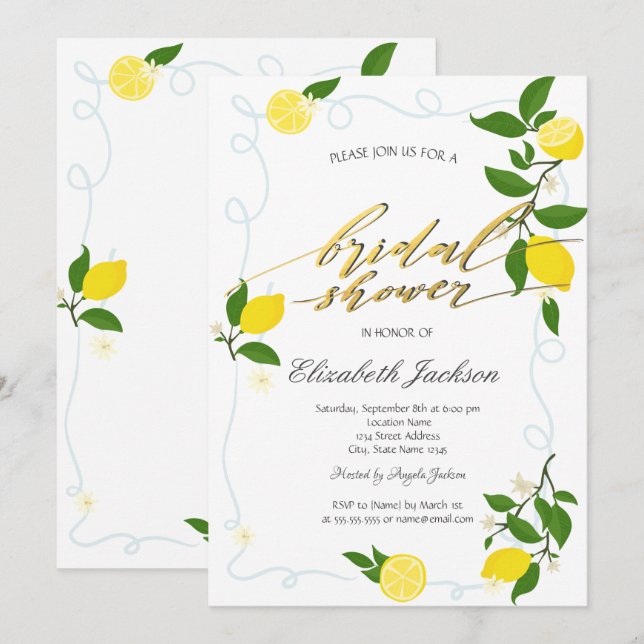 Watercolor Lemons Frame Bridal Shower  Inbjudningar (Fram/baksida)