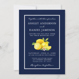 Watercolor Lemons Greenery Blue Bröllop Inbjudningar