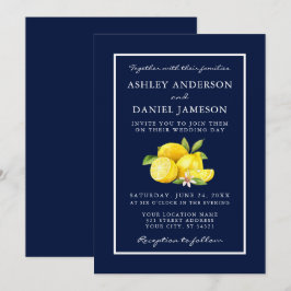 Watercolor Lemons Greenery Blue Bröllop Inbjudningar