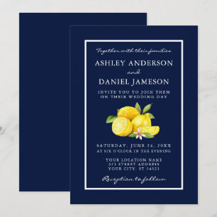 Watercolor Lemons Greenery Blue Bröllop Inbjudningar