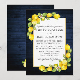 Watercolor Lemons Greenery Blue Wood Bröllop Inbjudningar