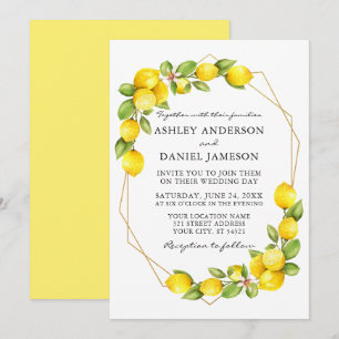 Watercolor Lemons Greenery Geo Ram Bröllop Inbjudningar