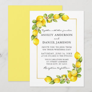 Watercolor Lemons Greenery Guld Gult Bröllop Inbjudningar