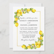 Watercolor Lemons Greenery Guld Ram Bröllop