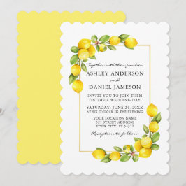Watercolor Lemons Greenery Gult Bröllop Inbjudningar