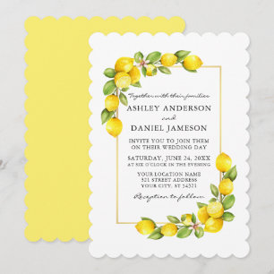 Watercolor Lemons Greenery Gult Bröllop Inbjudningar