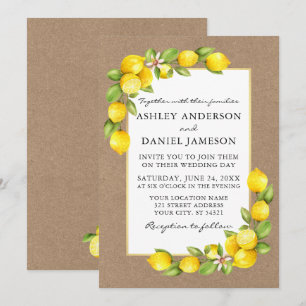 Watercolor Lemons Greenery Kraft Bröllop Inbjudningar