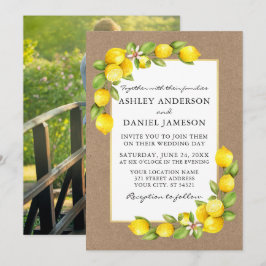 Watercolor Lemons Greenery Photo Kraft Bröllop Inbjudningar