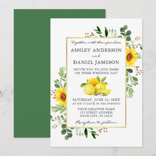 Watercolor Lemons Greenery Sunblommor Bröllop Inbjudningar