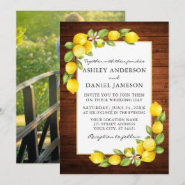 Watercolor Lemons Greenery Wood Photo Bröllop Inbjudningar