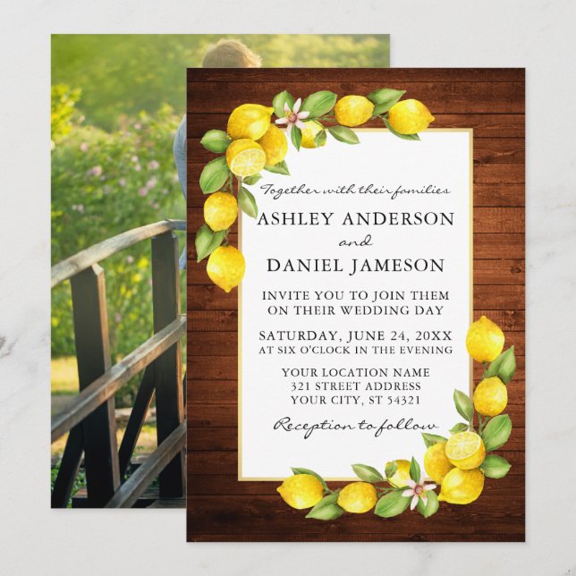 Watercolor Lemons Greenery Wood Photo Bröllop Inbjudningar (Fram/baksida)