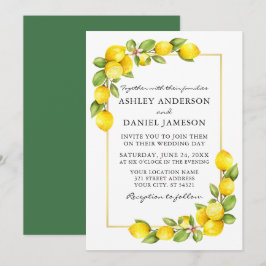 Watercolor Lemons Guld Ram Greenery Bröllop Inbjudningar