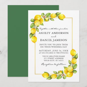 Watercolor Lemons Guld Ram Greenery Bröllop Inbjudningar