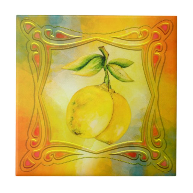 Watercolor Lemons italiensk keramik Tile Kakelplatta (Framsidan)