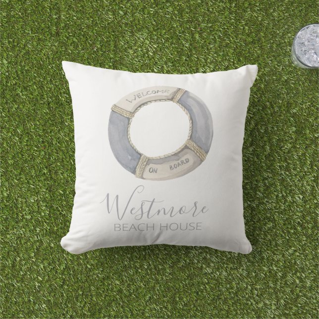 Watercolor Life Preserver Beach House Kudde (Gräs)