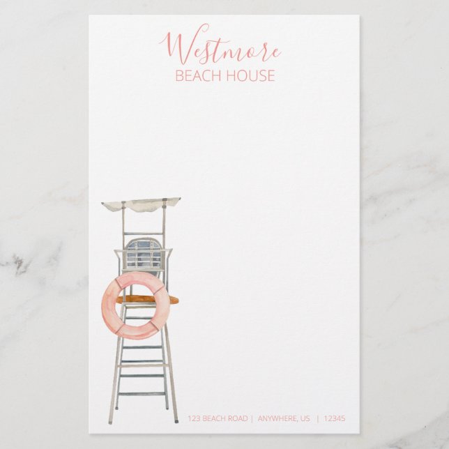Watercolor Lifeguard Stand Chair Beach House Brevpapper (Framsida)
