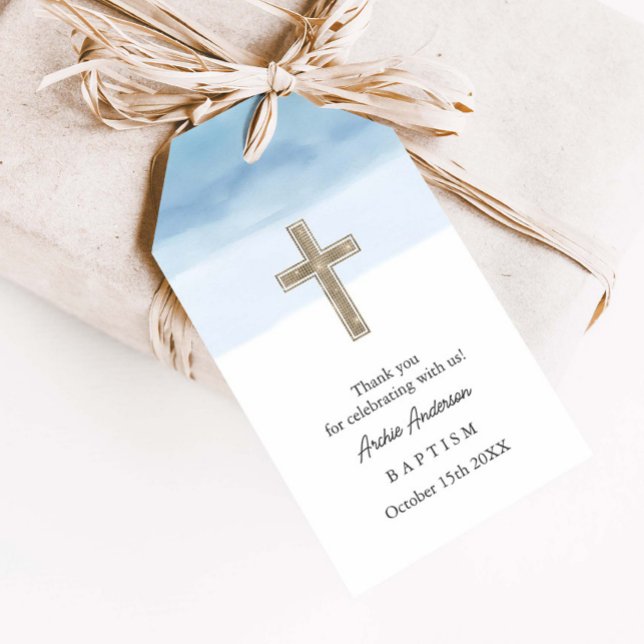 Watercolor Light Blue Boy Baptism Christening Presentetikett (Skapare uppladdad)