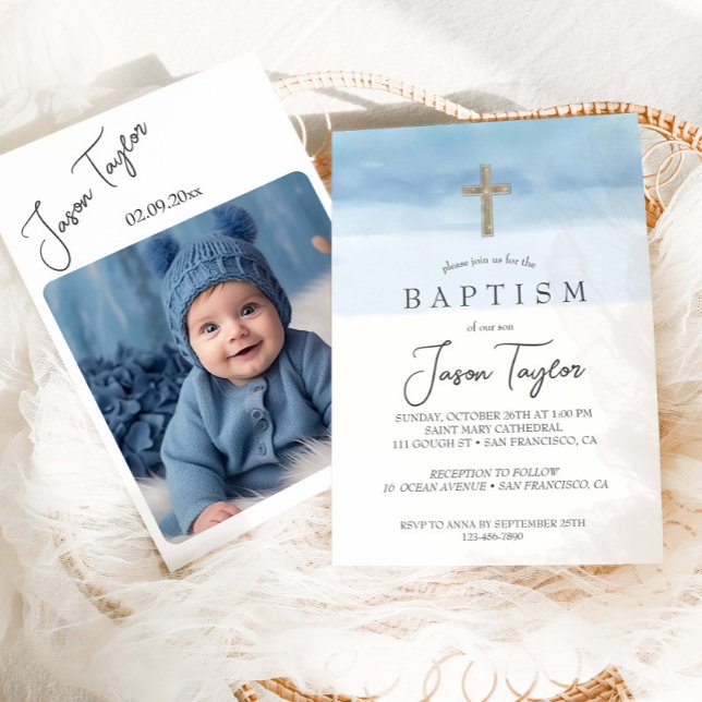 Watercolor Light Blue Boy Baptism Inbjudningar (Skapare uppladdad)