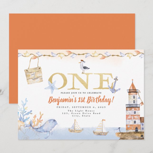Watercolor Light House Nautical Boy 1st Birthday Inbjudningar (Fram/baksida)