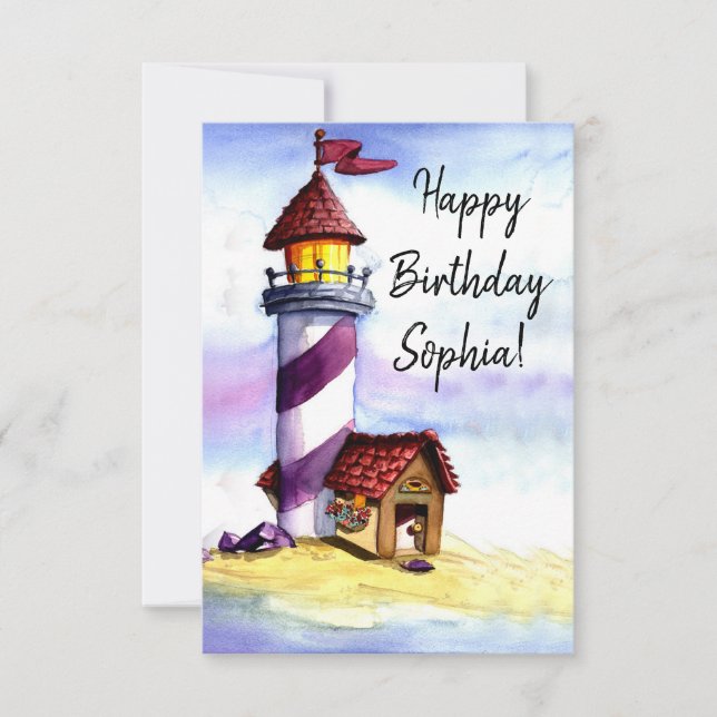 Watercolor Lighthouse Birthday Card Tack Kort (Framsida)