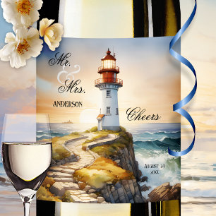 Watercolor Lighthouse Elegant bröllop Vinflaska Etikett