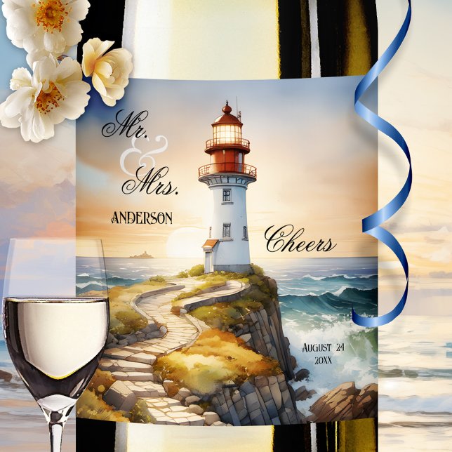 Watercolor Lighthouse Elegant bröllop Vinflaska Etikett (Romantic wine label featuring a watercolor painting of a lighthouse at sunset - wedding - nautical)