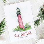 Watercolor Lighthouse Florida Beach-jul Helgkort<br><div class="desc">Kusttemat Julkort har min ursprungliga handmålade vattenfärg Jupiter, Florida fyr med en sträng garland i röda nyanser och grönt på en skarp vit bakgrund. Ord Seas och Hälsning är förinställda i en modern penselskripttypografi i berryrött. Insidan har ett massivt bär rött färg med anpassningsbarna hälsning i vitt. Anpassa ord att...</div>