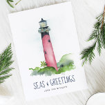 Watercolor Lighthouse Florida Beach-jul Helgkort<br><div class="desc">Kusttemat Julkort har min ursprungliga handmålade vattenfärg Jupiter, Florida fyr i röda nyanser på en skarp vit bakgrund. Ord Seas och Hälsning är förinställda i ett modernt penselmanstryptypografi i marint blått. Insidan har ett massivt blått färg med anpassningsbarna hälsning i vitt. Anpassa ord att läsa Glad helg, fred på jorden...</div>