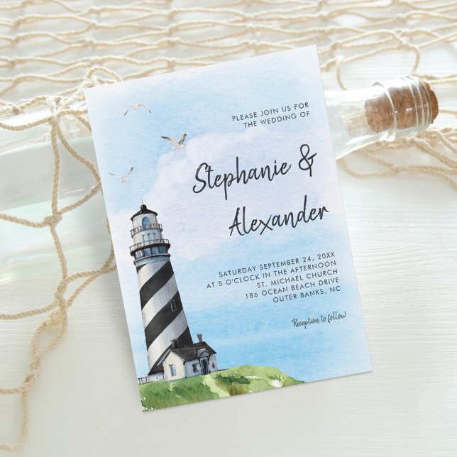 Watercolor Lighthouse Modern Bröllop Inbjudningar (Skapare uppladdad)