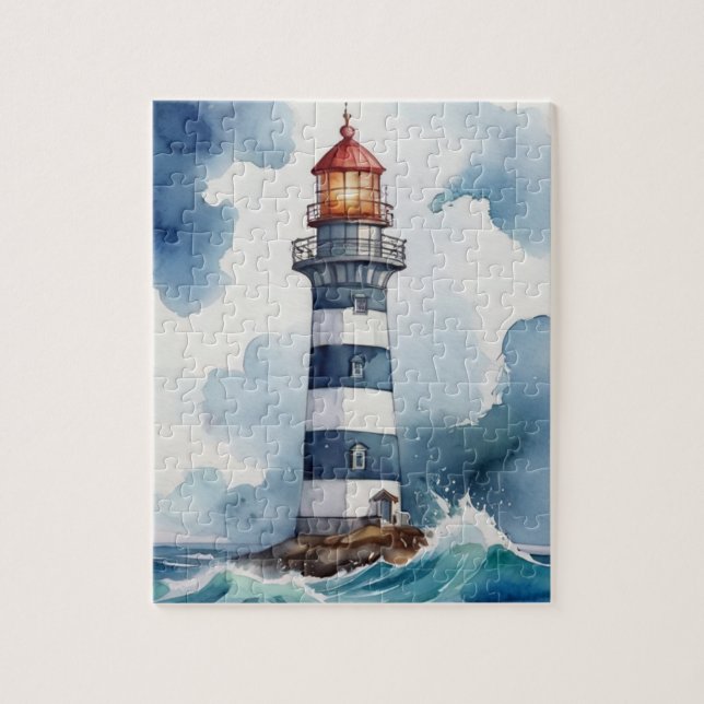 Watercolor Lighthouse Stormy Weather Pussel (Vertikal)