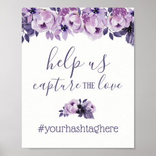 Watercolor Lila Blommigt Elegant bröllop Hashtag Poster