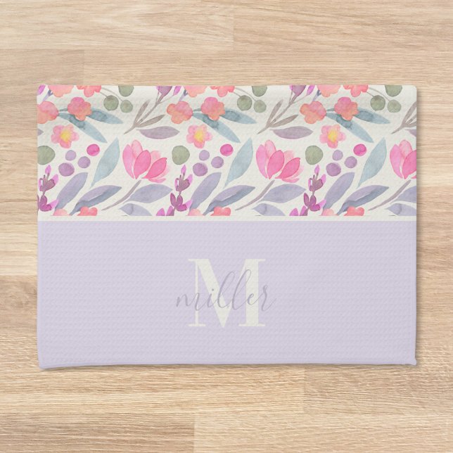 Watercolor Lila Blommigt Family Namn Monogram Kökshandduk (Skapare uppladdad)