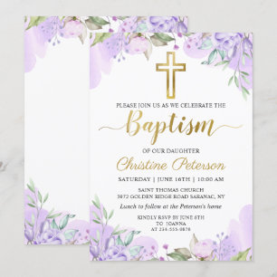 Watercolor Lila Blommigt Guld Script Girl Baptism Inbjudningar