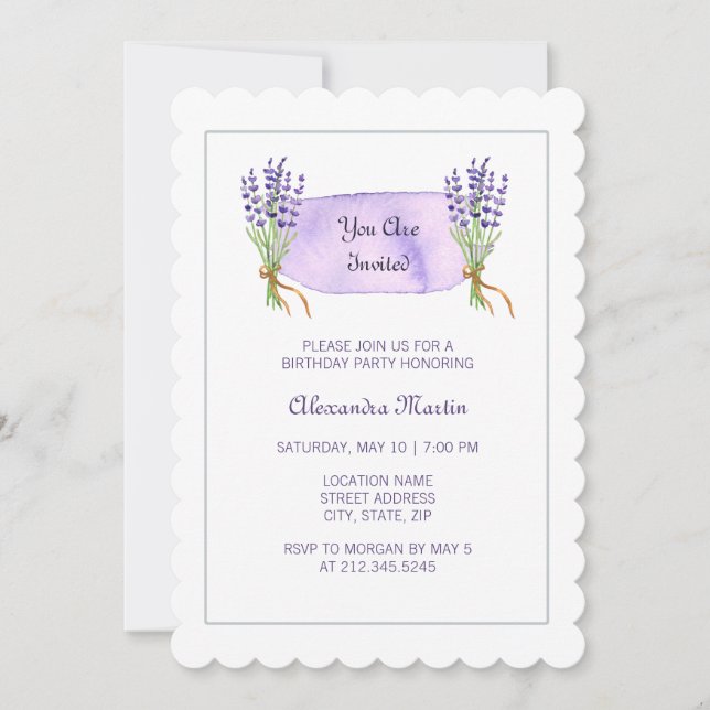 Watercolor Lila Fransk Lavender Flowers Birthday Inbjudningar (Framsida)