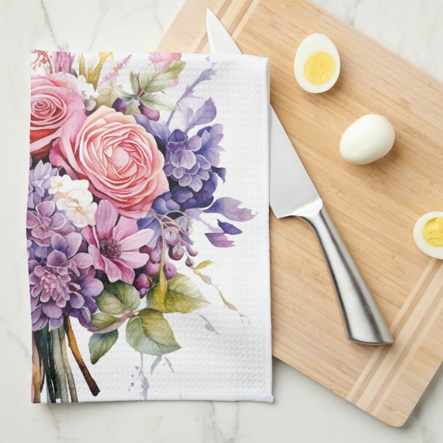 Watercolor Lila Garden Flower Bouquet Blommigt Kökshandduk (Vikt i Fjärdedel)