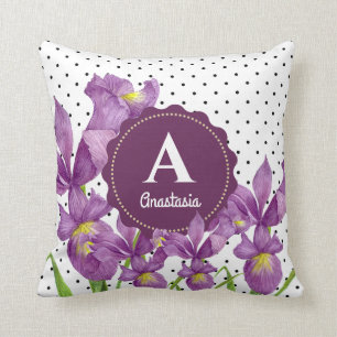 Watercolor Lila Iris Black White Polka dots Kudde