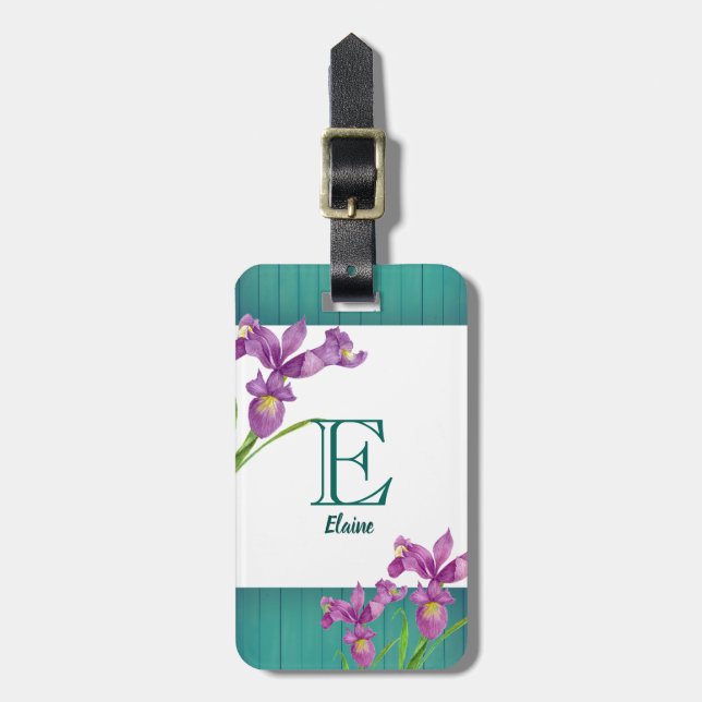 Watercolor Lila Iris Blommigt Art Monogram Bagagebricka (Vertikal Framsida)