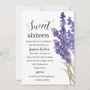 Watercolor Lila Lavender Blommigt Sweet 16 Sexton Inbjudningar